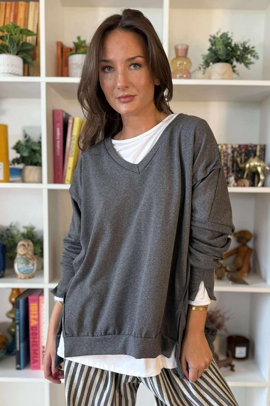 The Sunday Morning V Slouch Sweatshirt Dark Grey Melange